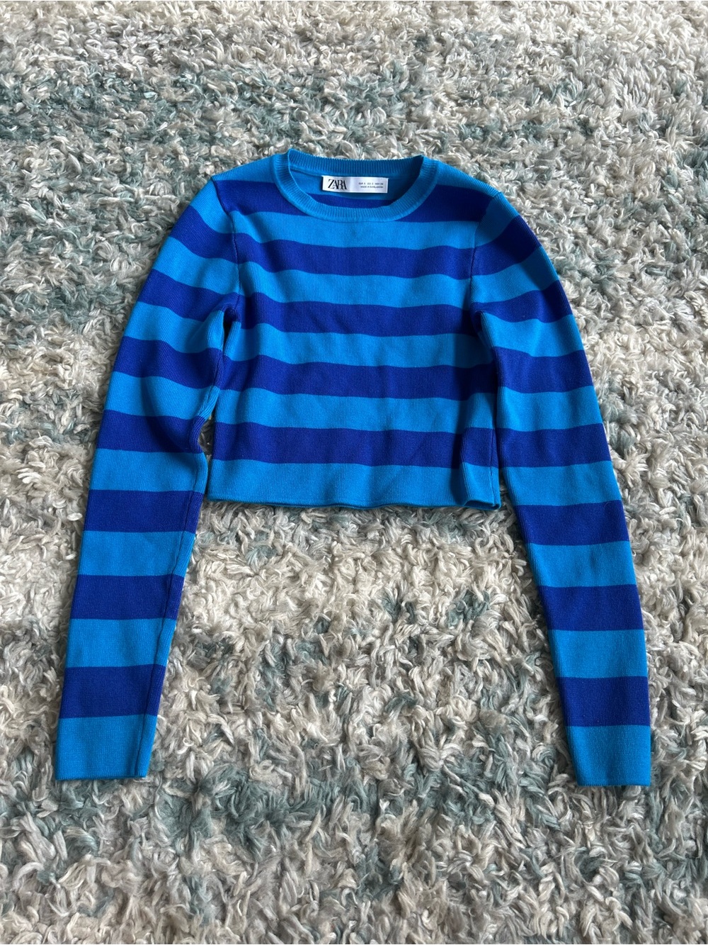 ZARA Cropped Ribbed Knit Sweater Bright Blue Striped